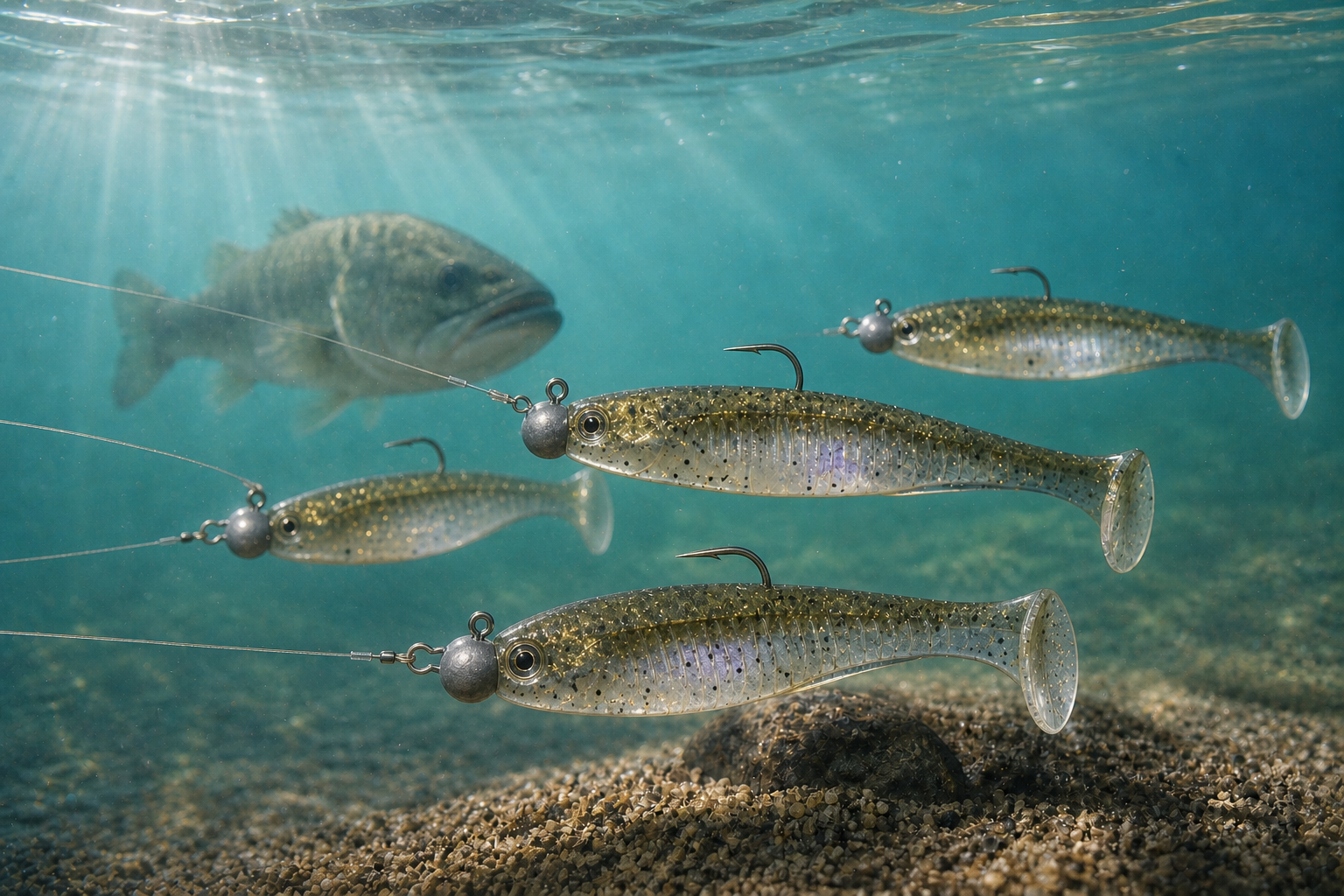Leurres souples — leurre observé par un poisson dans une eau claire