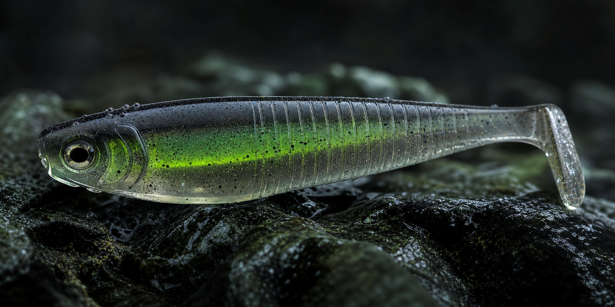 Gros plan de la matière souple et translucide d’un leurre PSYKO LURES