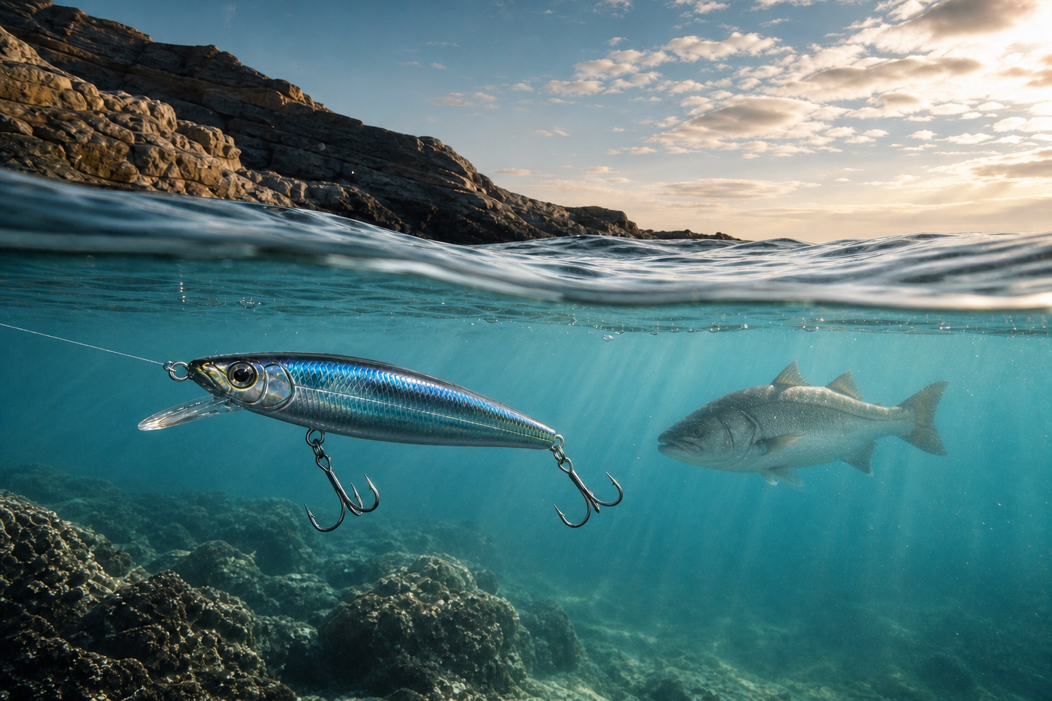 Pêche en mer — leurre observé par un poisson dans une eau claire