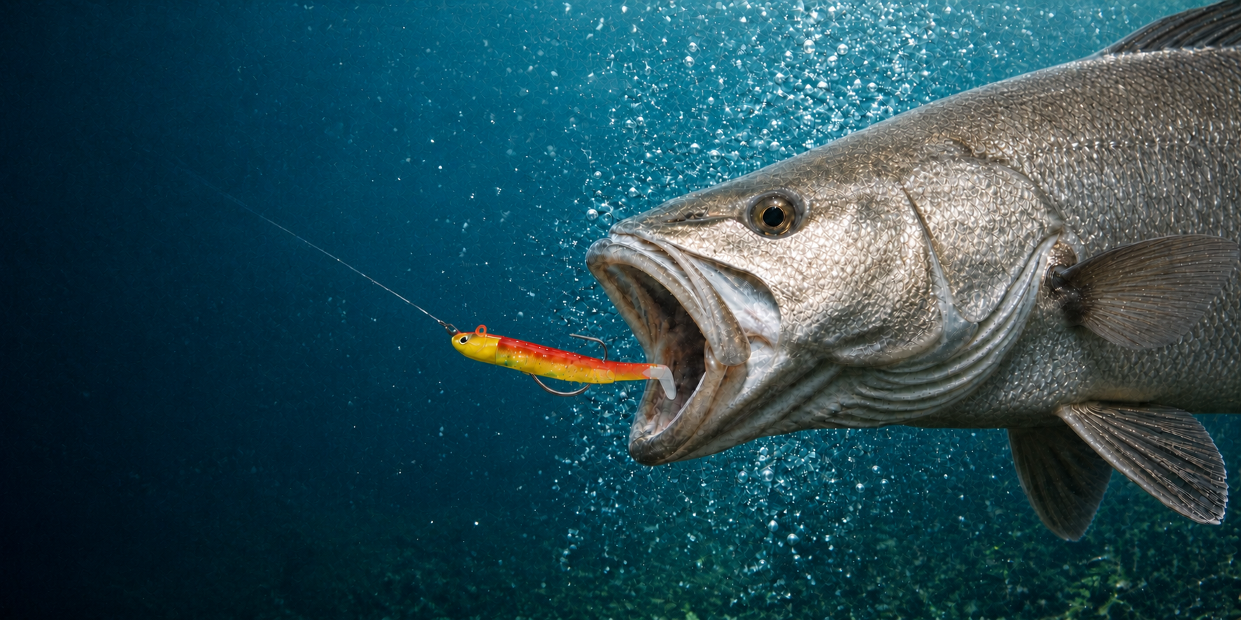 Maigre attaquant un leurre Psyko Lures dans une eau claire